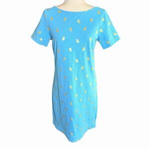Boden Darcey Jersey T-Shirt Dress 6R Blue Gold Leaves Coastal Colorful Beach